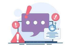 beware of fraudulent messages concept. danger and alertness. fraud alert. fraudulent mode to steal money and personal data. device with coin, warning sign, chat symbol. flat illustration. vector