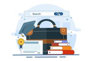 job search concept. new graduates looking for job information. job search and recruitment. websites and services. graduates with search bar. flat illustration on background. vector