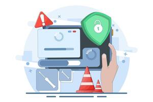 System maintenance concept, Error, Fixing problems, Device update, Software system is under maintenance, Software update process on device, updating operating system. illustration. vector