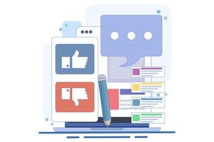 Feedback and survey concept. Giving positive feedback, choosing emoji to show satisfaction rating, and filling out survey form. User Experience Concept, Flat Illustration on background. vector