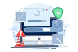 System maintenance concept, Error, Fixing problems, Device update, Software system is under maintenance, Software update process on device, updating operating system. illustration. vector