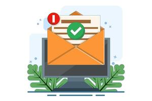 Concept of online document on laptop computer or digital letter that successfully confirms application, check mark notification on approved email message, verified document. vector