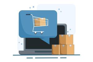 online order notification concept, Laptop with full shopping cart, speech bubble, e-commerce, modern flat icon design of order delivery service isolated on background. vector