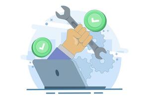 operating system repair and maintenance concept. IT support, hand holding wrench and laptop screen. technician, engineer. flat illustration on background. vector
