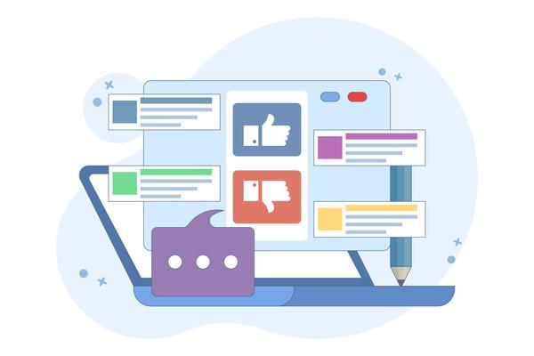 Feedback and survey concept. Giving positive feedback, choosing emoji to show satisfaction rating and filling out survey form. User Experience, Flat Illustration.