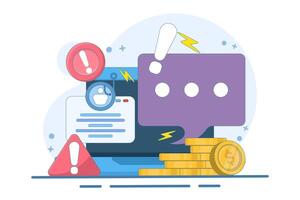 concept of being alert to fraudulent messages and data theft. danger and alertness. fraud warning. fraudulent mode to steal money and personal data. device with coins, warning signs, chat bubbles. vector