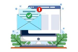 The concept of a check mark notification on an approved email message, online document on a laptop, or a digital letter that successfully confirms an application, verified email. vector