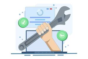 operating system repair and maintenance concept. hand coming out of laptop screen and holding wrench. technician, engineer, IT support concept. flat illustration on background. vector