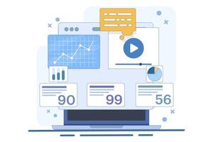 Business development concept. SEO. Business analysis, market research, product testing, data analysis. Marketing. Modern ways to advertise and find customers. Flat illustration on the background. vector