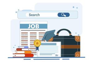 job search concept for graduates. new graduates looking for job information. job search and recruitment. websites and services. graduates with search bar. illustration. vector