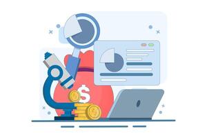 Financial analyst or consultant concept. Analyzing financial statistical information. Business strategy. Making financial operations. Financial studies, forecasts, risk assessments. Flat illustration. vector