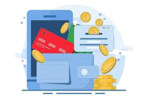Digital money concept, wallet, transaction, technology, online payment, mobile payment, save money digitally, transfer app, flat illustration. vector