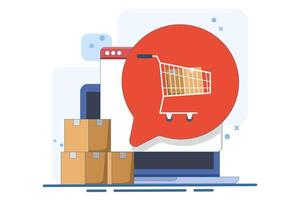 online order notification concept, Laptop with full shopping cart, speech bubble, e-commerce, order delivery service. modern flat icon design. vector
