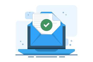 Concept of check mark notification on approved email message, online document on laptop computer, or digital letter successfully confirming application, verified document. vector
