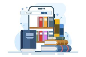 online library concept, Online bookstore, Reader application, Education, Digital bookshelf, Media book library, Reading books, Postgraduate online school. vector