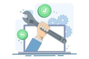 operating system repair and maintenance concept. IT support, hands holding wrench and laptop screen. technician, engineer. vector