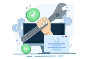 operating system repair and maintenance concept. hand coming out of laptop screen and holding wrench. technician, engineer, IT support concept. vector