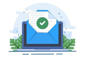 The concept of checking the check mark notification on an approved email message, online document on a laptop, or incoming email successfully confirms the application, verified email. vector