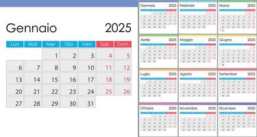 Calendar 2025 on Italian language, week start on Monday. vector