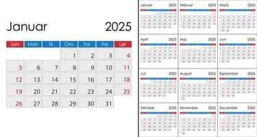 Calendar 2025 on Danish language, week start on Sunday vector