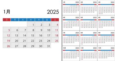 Calendar 2025 on Japanese language, week start on Sunday. vector