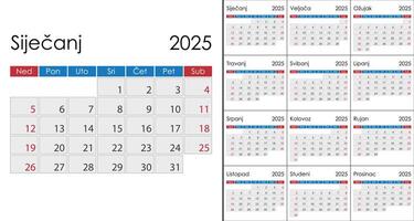 Calendar 2025 on Croatian language, week start on Sunday vector