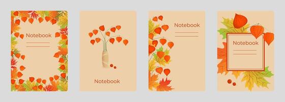 Set of cover designs for notebook, notepad, book, catalog with autumn maple leaves and physalis. Template of vertical format A4, A5. vector