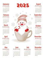 Calendar for 2025 with cute gnome sitting in a cup. Week starts on Monday.Iillustration in vertical format A4, A5. vector