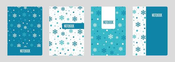 Set of cover designs for notebook, notepad, catalog with white, blue snowflake. Vertical format A4, A5. vector