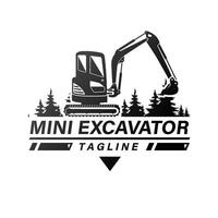 Mini excavator logo template with trees. vector