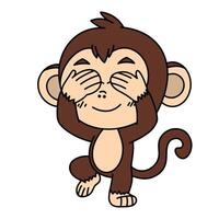 Adorable cartoon monkey covering its eyes with both hands, posing playfully. Perfect for designs aimed at children, educational materials, or fun, lighthearted projects. vector