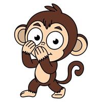 Cute cartoon monkey character covering its mouth with both hands. Ideal for childrens materials, playful designs, or projects needing a fun and expressive animal character. vector