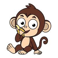 Cartoon monkey character sitting and happily eating a banana. Perfect for childrens products, educational materials, and playful designs, bringing a fun and cheerful element. vector