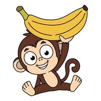 Cute cartoon monkey holding a large banana above its head, smiling cheerfully. Ideal for playful and kid friendly designs, perfect for educational content, childrens products, or fun projects. vector