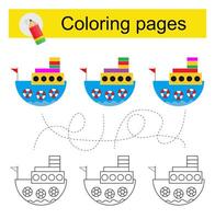 Educational game for kids. Go through the maze and color a cartoon ship according to the pattern. vector