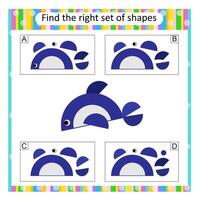 Logic puzzle for kids. Find the correct set of cartoon fish. Answer is B. vector