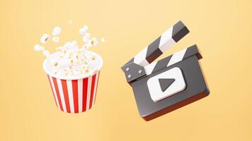 Clapper board and popcorn on the yellow background, see a movie, 3d rendering. video