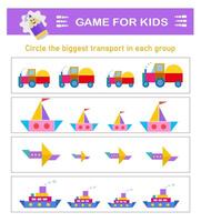 Circle the biggest transport in each group. Puzzle game for kids. Attention tasks for children vector