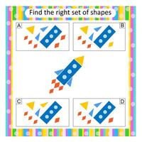 Logic puzzle for children. Find the correct set of rocket. Preschool worksheet activity. Answer is D. vector