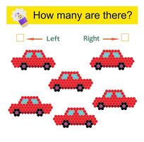 Left or Right. Educational game for kids. Count how many cars are turned left and how many are turned right. vector