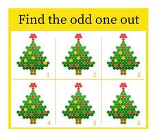 Puzzle game for kids. Task for development of attention and logic. Cartoon Christmas tree. vector
