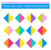 Puzzle game for children. Task for development of attention and logic. Need to find two identical rhombi. illustration vector