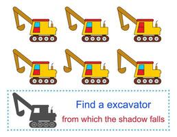 Educational game for kids. Task for attentiveness. Find a excavator from which the shadow falls. illustration. vector