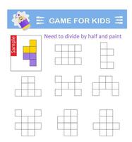 Logical puzzle game. Attention tasks for children. Need to divide by half and paint vector