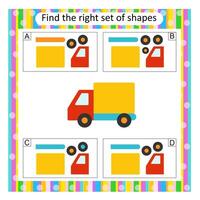 Logic puzzle for children. Find the correct set of cartoon truck. Answer is D. vector