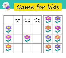 Puzzle task, game for preschool children. Developing numeracy skills. Cartoon flowers. vector