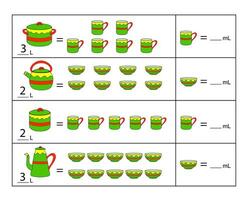 Educational game for kids. Write the capacity of each kitchenware. vector