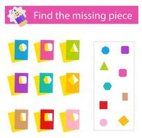 Puzzle game for kids. Find the missing piece for each sheet of paper. Children activity page. . vector