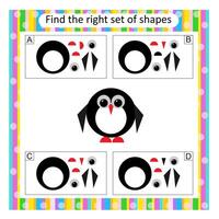 Logic puzzle for children. Find the correct set of cartoon penguin. Answer is C. vector