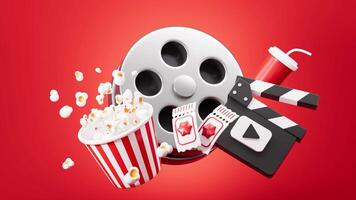 Splashing popcorn, film reel , drink and clapper board on red background, 3d rendering. video